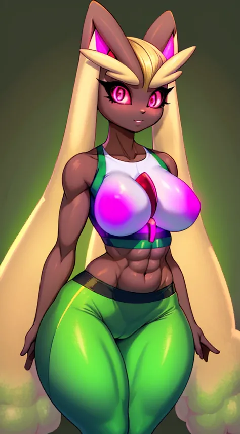 beautiful, 1female, gardevoir, lopunny, holograhic yoga pants, tulle shirt, fitness, dark brown skin, wide hips, thick hips, glowing eyes, thick thighs, rabbit tail, thin toned body, blonde hair with green highlights, big breasts, muscular, narrow waist, s...