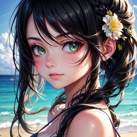 best quality, highres, ultra-detailed, realistic:1.37, professional, vibrant colors, bokeh, portraits, oil painting, studio lighting, green eyes, detailed black hair, contemporary fashion, confident expression, 17 years old girl, peaceful beach background