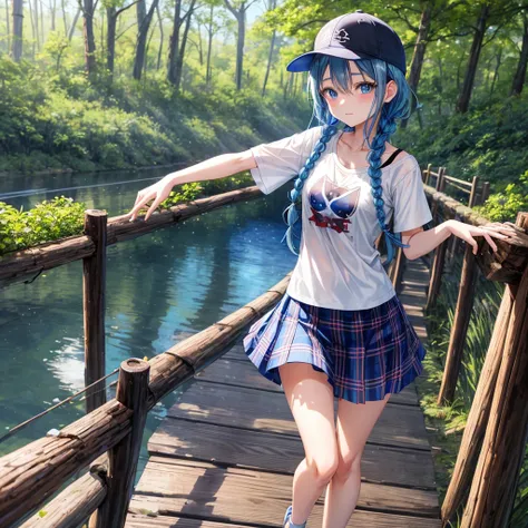 Blue hair、blue eyess、Braids、one good looking girl、独奏、animesque、Plaid miniskirt、Black T-shirt、camisole、the woods、Sunlight、Wearing a plaid baseball cap、bare-legged、Tilting your face、Walking、Crossing a log bridge while keeping balance