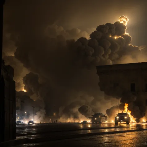 military tanks run down the streets of Matera, bombing around, people scream and run, terror on their faces, dramatic ambiance, its raining, (yes NSFW), sassi_di_matera on background, cathedral, fire and smoke, girls and boys hiding from the tanks.