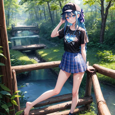 Blue hair、blue eyess、Braids、one good looking girl、独奏、animesque、Plaid miniskirt、Black T-shirt、camisole、the woods、Sunlight、Wearing a plaid baseball cap、bare-legged、Tilting your face、Walking、Crossing a log bridge while keeping balance、Doing the ribbon