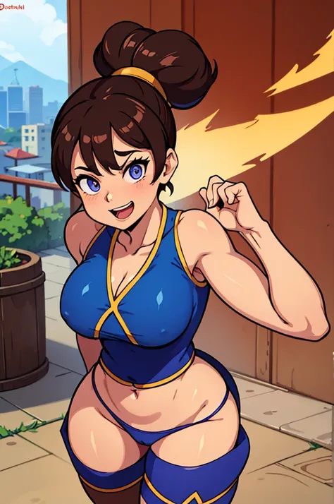 chun li, street fighter, belas coxas grossas, coxas sexys, , olhando para frente, belos olhos escuros, olhos detalhados, belo rosto, brown tights, botas brancas, pose de vitoria, belo sorriso , numa cidade chinesa de tarde