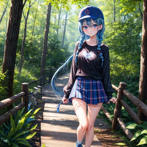 Blue hair、blue eyess、Braids、one good looking girl、独奏、animesque、Plaid miniskirt、Black T-shirt、camisole、the woods、Sunlight、Wearing a plaid baseball cap、bare-legged、Tilting your face、Walking、Crossing a log bridge while keeping balance、Doing the ribbon