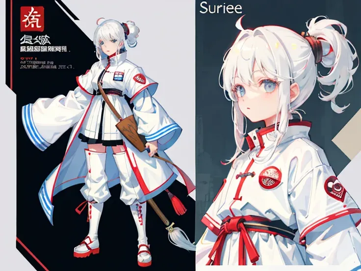 Supreme， White quilted jacket，white hair，white eyes，Ax with long handle，Standing on your feet，Chinese girl design，Detailed Genshin graphics，character design аниме，anime concept art，pretty anime character design，anime character reference sheet，[character de...