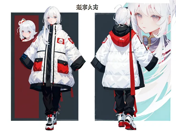 Supreme， White quilted jacket，white hair，white eyes，Ax with long handle，Standing on your feet，Chinese girl design，Detailed Genshin graphics，character design аниме，anime concept art，pretty anime character design，anime character reference sheet，[character de...