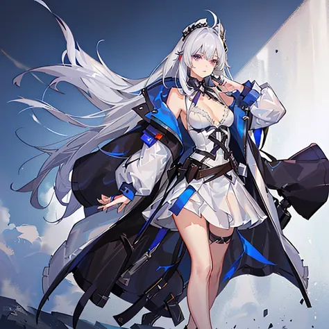 Girl with blue and white hair，Wear a thick white coat，Lingerie with large lapels，violet eyes，Industrial style clothing，From the first front，From the Ark of Tomorrow，Blue strap decoration，bust，Half-buttoned coat，Tung with high hair, gathered in the tail.，Sm...