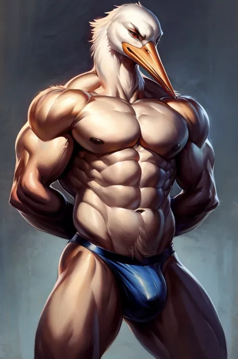 Solo, Furry, Anthro, Stork, Male, E621, Standing, Muscular, Hands behind back, Wearing underwear, Plain background, Front view, By ksaiden