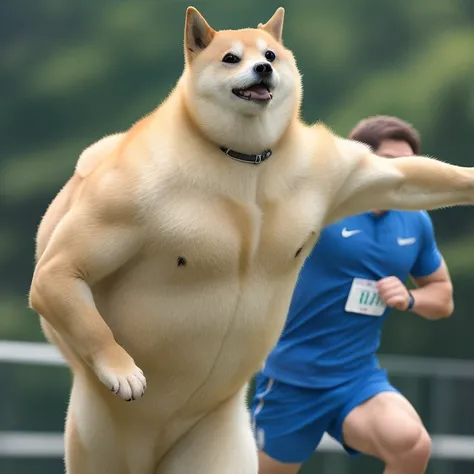 Running,Solo,a professional photo of [(((buff Swoledoge))):buff Swoledoge:8], grinning, dog body,up arms,cinematic dramatic light, smooth transition, bokeh,simple background,looking at viewer