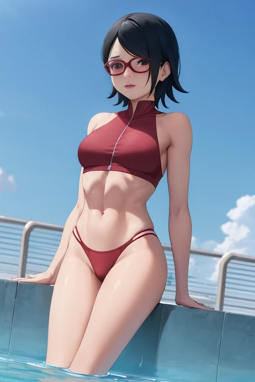 masterpiece, absurdres, 1girl, Model of Calvin Klein Brand. Sarada(boruto, floating hair, wind. masterpiece, absurdres , (intricate details), (colorful),cinematic lighting,bust shot,extremely detailed CG unity 8k wallpaper 1girl, solo, High Waist Swimsuit,...