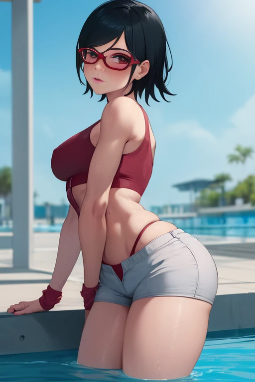 masterpiece, absurdres, 1girl, Model of Calvin Klein Brand. Sarada(boruto, floating hair, wind. masterpiece, absurdres , (intricate details), (colorful),cinematic lighting,bust shot,extremely detailed CG unity 8k wallpaper 1girl, solo, High Waist Swimsuit,...