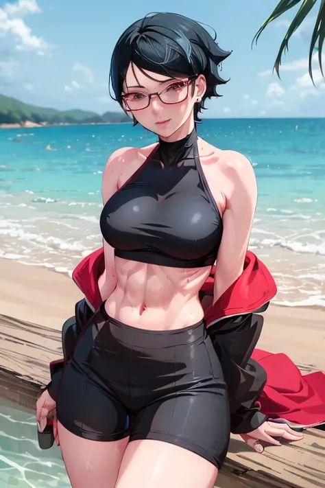 masterpiece, absurdres, 1girl, Model of Calvin Klein Brand. Sarada(boruto, floating hair, wind. masterpiece, absurdres , (intricate details), (colorful),cinematic lighting,bust shot,extremely detailed CG unity 8k wallpaper 1girl, solo, High Waist Swimsuit,...