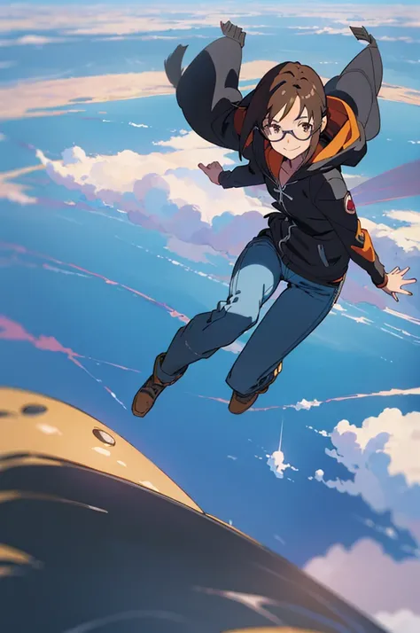 Anime woman, shoulder-length brown hair, black hooded jacket, jeans, black glasses, smiling gently, woman floating over the ground, flying, in the background a fantastic world, setting off on a journey, Masterpice, anime scene, Makoto Shinkai style, 4 K, p...