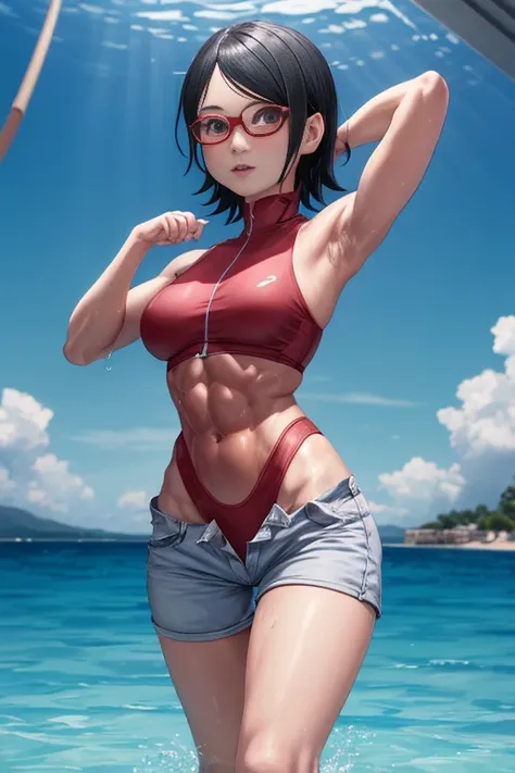 masterpiece, absurdres, 1girl, Model of Calvin Klein Brand. Sarada(boruto, floating hair, wind. masterpiece, absurdres , (intricate details), (colorful),cinematic lighting,bust shot,extremely detailed CG unity 8k wallpaper 1girl, solo, High Waist Swimsuit,...