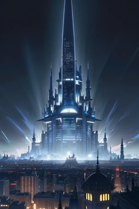 a very tall building with a lot of lights on it, a matte painting, inspired by Yoshio Markino, cubo-futurism, from sam and max, stars on top of the crown, an evil villains lair, zoomed out shot