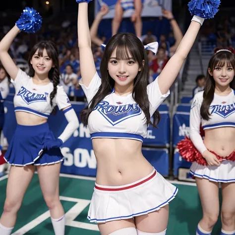 （ultra-detailliert、Raw photo、Surreal）、cheerleaders、a 25yo woman、cheerleadersのコスチューム、cheering、Looks fun、Detailed mouth、A detailed eye、Detailed Limbs、Voluptuous belly、Navel、huge tit、Long Socks