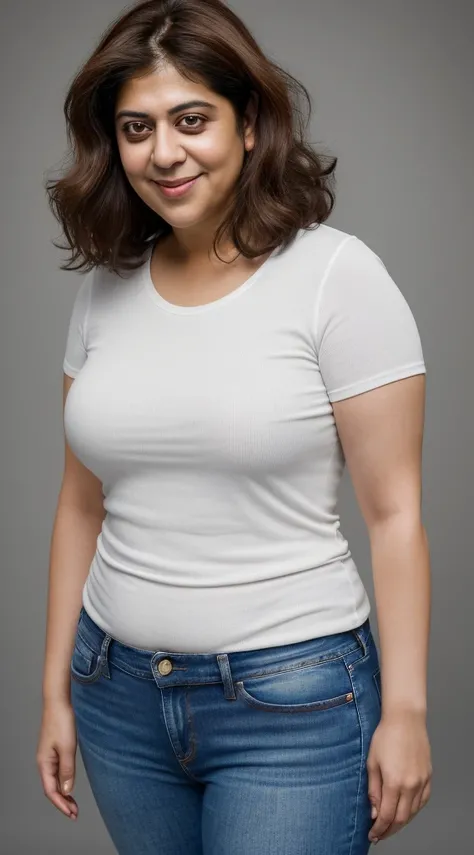 smiling woman with brown hair and a white shirt and jeans on, brown hair and large eyes, short slighty chubby body, hourglass figure, 35 years old, most beautiful woman on earth, charming expression gesicht, sarah michelle gellar-gurinder chadha-stephanie ...