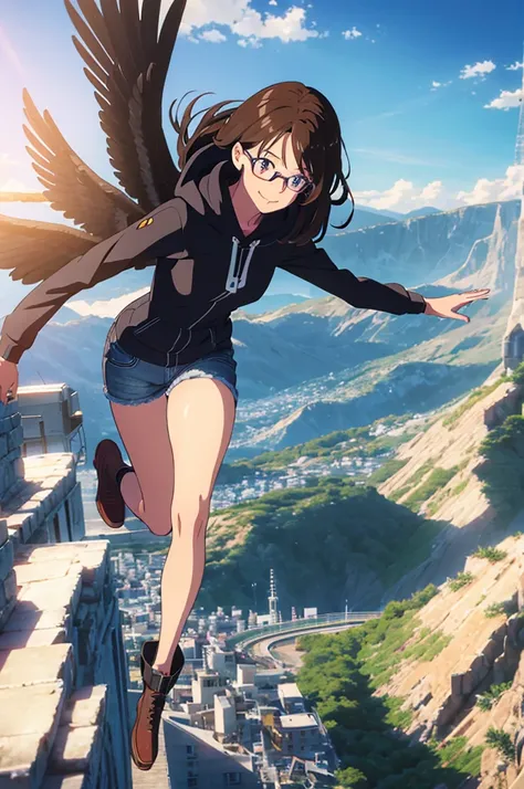 an anime woman, blue eyes, shoulder-length brown hair, black hoodie, jeans, black glasses, smiling gently, woman flying in the sky, wonderful white wings, flying, cool pose, in the background a fantastic world, setting off on a journey, masterpice, anime s...