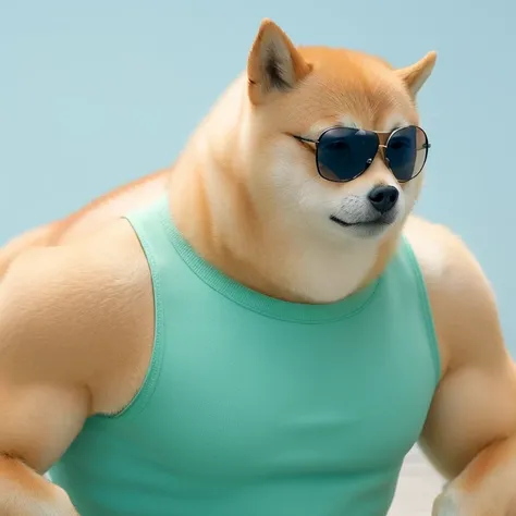 Sunglasses,Solo,a professional photo of [(((buff Swoledoge))):buff Swoledoge:1.2], grinning, dog body,cinematic dramatic light, smooth transition, bokeh,simple background,looking at viewer,Tank tops