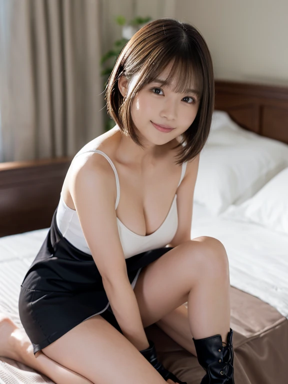 ​masterpiece、Hotel bedroom、(((sit on the bed with your knees bent、誘う様な片方に脇を見せたpose sensual、Beautiful armpits))) (14 years old girl、a small face、Extremely beautiful face, natural make up)(fair white skin)(sparkly eyes)Bright smile、a blond、Looking at the cam...