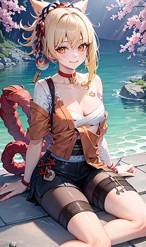 one-girl，Sit on a stone by the sea，Smiling face with small breasts