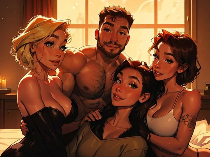 Muscular Handsome European ( tall&==((short-haired))) shirtless barbarian man with beard absolutely surrounded and being hugged and touched by (((three))) sexy women harem girlfriends bitches feeling his muscles and groin, women: long Flowing voluminous ha...