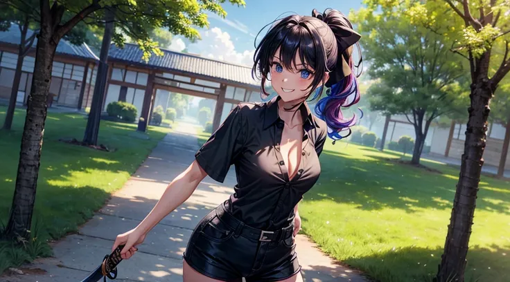 1girl, full body, solo, village, trees, colorful hair, curly hair, ponytail, large breasts, button down shirt, ninja, ((black shirt)), ((unbuttoned shirt)), ((short sleeved shirt)), blue eyes, black shorts, katana, grin, looking at the viewer, ((standing))...