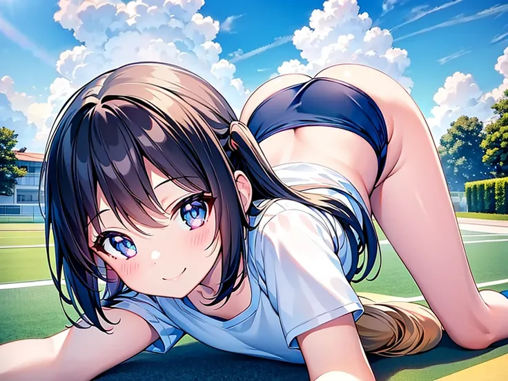 masterpiece,best quality,ultra-detailed,high resolution,4k,
1 girl,(solo),beautiful pretty cute face,beautiful detailed eyes,

back focus, ass shot,
smile,gym uniform,good weather,no print t-shirt, small ass,
school ground, blue sky,

little girls,kawaii, ...