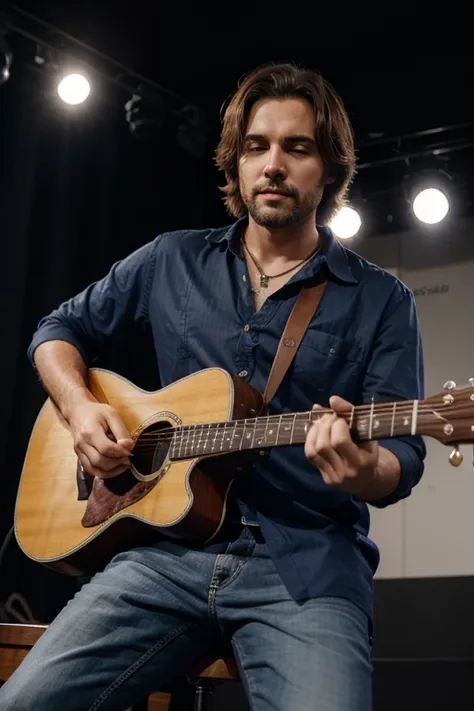 Um homem, com semblante calmo, estilo conservador,  playing guitar on a stage.