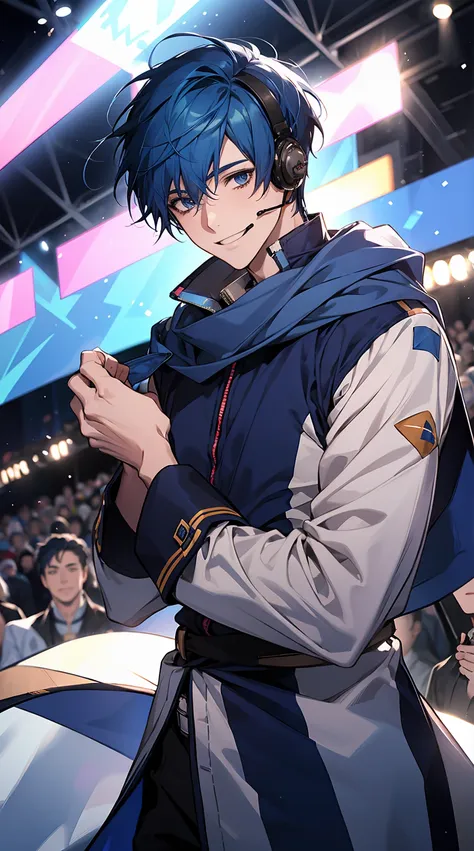 1boy,solo, male photo, ((wrapped in a blue muffler)),smile,enjoying,wear headsets,short hair, blue hair, volcalist,concert,crowd,best quality, masterpiece,ultra detailed