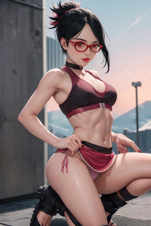 masterpiece, absurdres, 1 teenage girl, Age 15 old. Model of Calvin Klein Brand. Sarada(boruto, black hair, floating hair, shoulder length hair, hair tied in ponytail, Flower ribbon on her hair. wind. masterpiece, absurdres , (intricate details), (colorful...