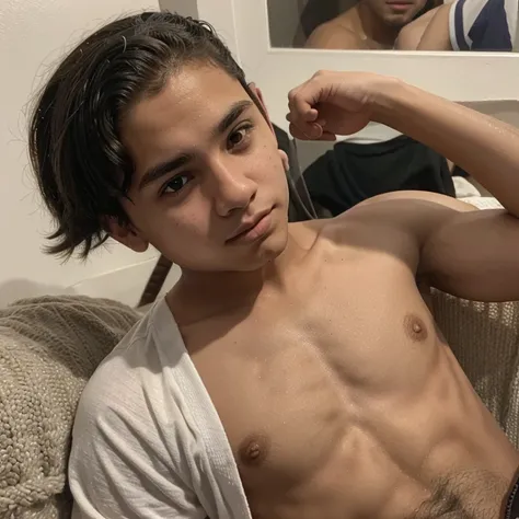 menino adolescente de 16 anos, menino jovem, cabelo estilo americano ,fortinho, pelo nas axilas,tanquinho, pelado, Fully visible body, pelado sem roupa