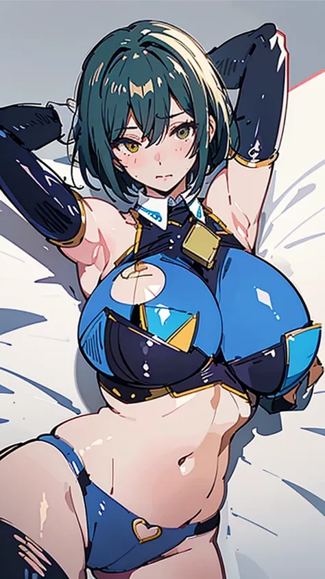 1girl, rough sketch, short hair, blushing, big tits, more huge tits, bunny girl suit, tight suit, sheet sexy pose, POV, focus on her tits, seducing me with her tits, lewd girl, arms behind head, armpits,