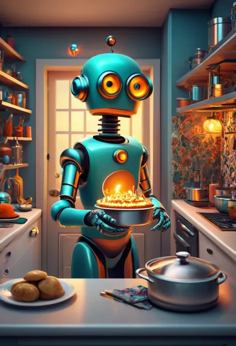 robot butler. (best quality,4k,highres:1.2),ultra-detailed,(realistic:1.37),zentangle style robot butler cooking for his owners,...