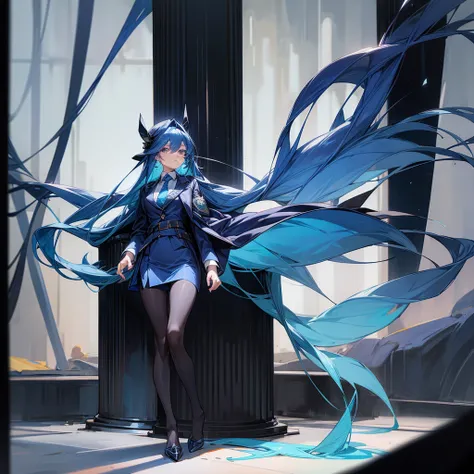 Female Police Officer、Long blue hair、Indigo Tie、Blue tight skirt、Indigo Blazer、pantyhose、high-heels、Standing statue with full body view