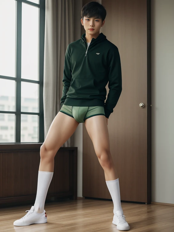 16 years old teenagers , very young , light-skin , wearing an dark green sexy underwear, tmasterpiece，k hd，the feet ，black long socks，The barefoot , green colour , handsome and cute , extreme cute boy , white skin , dark green underwear boxers shorts , ext...