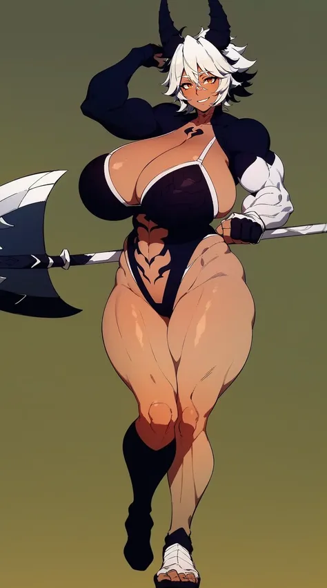 helga, dark-skinned female, short hair, silver hair, huge breasts, muscular female, thick thighs, thick arms, tomboy, holding axe, reflection light, blending, bloom, god rays, ray tracing, Fujicolor, drop shadow, Gothic art, anime, Ghibli-like colours, ani...