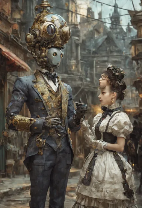 “Futuristic Victorian robot butler wearing a fancy suit and talking to a cute robot maid" steampunk:: maximalist hyperdetailed fantasy masterwork by Kim Jung Gi, Yoshitaka Amano, Android Jones, Jeremy Mann, masterpiece, vibrant triadic colors, ambient occl...