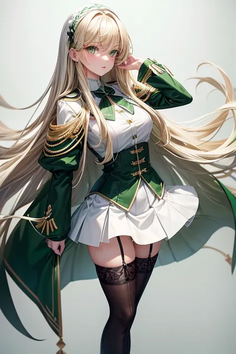 adult woman with long blonde straight hair and green eyes, green and white blouse, dark green tight mini skirt, white thigh highs, dark green boots, white coat with green patterns, solid white background, no bangs, full body art