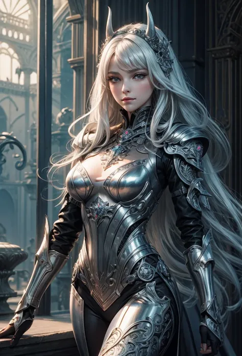 (Detailed illustrations,Very detailed and detailed drawing,Delicate lines with slow and rapid,Realistic texture expression),[Color tressed main line],(Fantasy World Battlefield Background [Burning castle]),(GIRL ROBOT  (White Devil [METALFACE] (SKINNY)) [W...