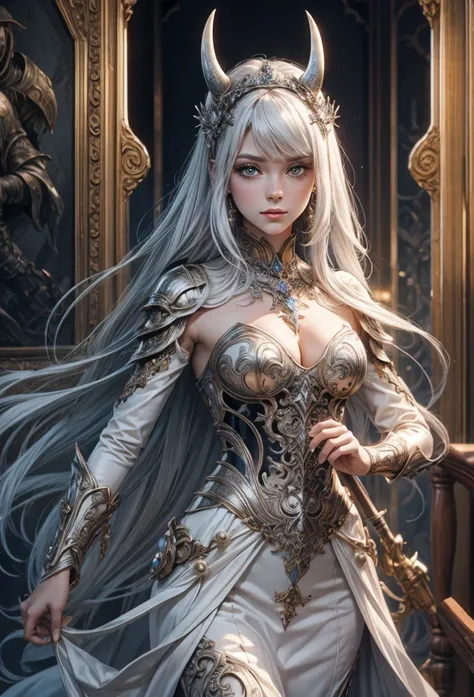 (Detailed illustrations,Very detailed and detailed drawing,Delicate lines with slow and rapid,Realistic texture expression),[Color tressed main line],(Fantasy World Battlefield Background [Burning castle]),(GIRL ROBOT  (White Devil [METALFACE] (SKINNY)) [W...