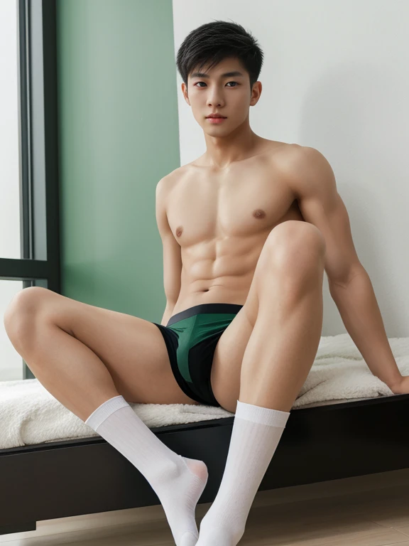 16 years old teenagers , very young , light-skin , wearing an dark green sexy underwear, tmasterpiece，k hd，the feet ，black long socks，The barefoot , green colour , handsome and cute , extreme cute boy , white skin , dark green underwear boxers shorts , ext...