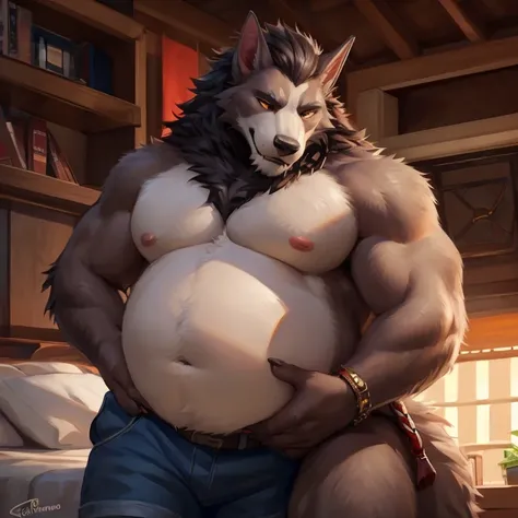 A worgen son is suprised of how much bigger and thick his big thick worgen father has grown up to be, worgen father and worgen son, male/male, looking at each other, kissing in cheek, head cuddling belly hugging, small worgen son with gray fur worshiping p...