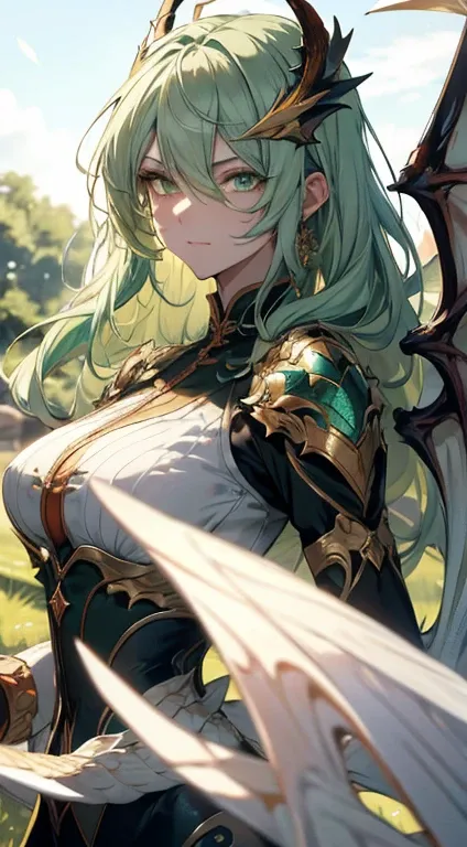 (best quality, 4k, 8k, High, master piece:1.2), ultra-detailed, portrait, white and green hair, strong gaze, sharp pupils,half dragon motif,Beautiful and detailed face, Dragon scales on half of his face , long flowing hair, expressive eyes, confident postu...