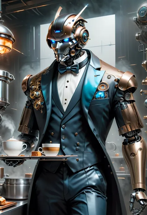 best qualtiy，8k，a high resolution，tmasterpiece，hyper-detailing，((1 robot butler))，（robot, head made of titanium alloy machinery,...