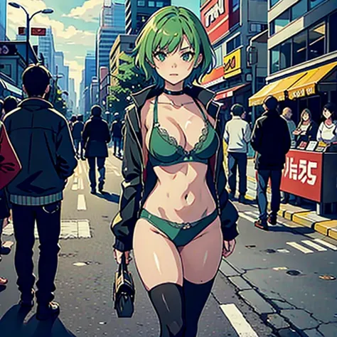 Ssxy woman, bra and panties, short green hair, knee high socks, sneakers, outside, on phone, busy street, casually standing, full body, crowded area, voyeurism