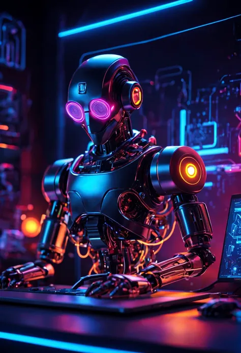 Smart home control robot working on laptop behind computer with intricate details neon app controlling lights、Electrical appliances、Air conditioners and other home equipment. Surreal very detailed advanced design. Mysterious atmosphere. Invisible circuits....