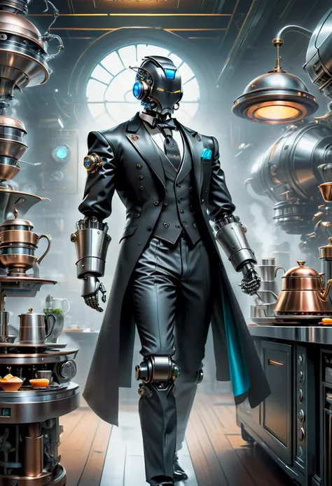 best qualtiy，8k，a high resolution，tmasterpiece，hyper-detailing，((1 robot butler))，（robot, head made of titanium alloy machinery,...