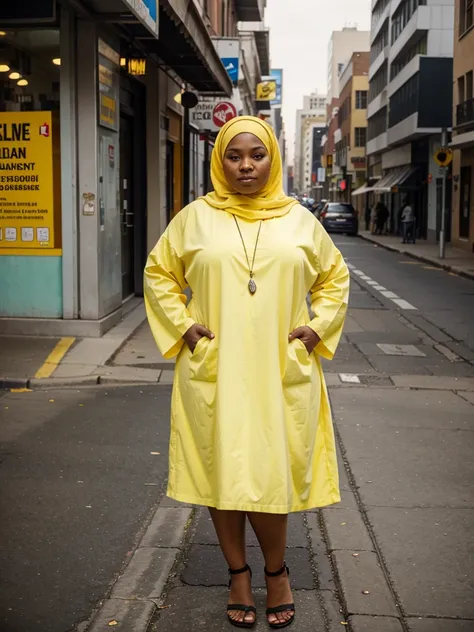 African-American Carmel skinned mid plus size muslim woman wearing yellow garbs while standing backwards in the middle of Philadelphia streets while the city in the background