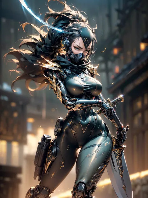 woman wearing ninja armor, (((Holds a sword enchanted with wind in her right hand:1.3))), (((She holds a sword enchanted with lightning in her left hand.:1.3))), (tactical open face mask:1.3 ), (black and gold body:1.5), (Sensually:1.4), (large and full br...