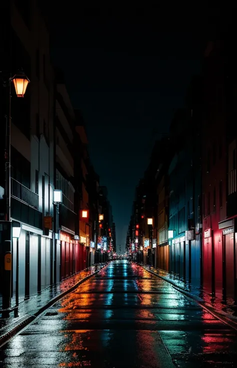 Calle solitaria, aliado solitario, Tokio, movie night city, empty street, Japan, new york, light signs, lluvia ligera, reflejar el agua, intrincado, hiperdetallado, realista, semi-realista, alta calidad, semi-detalle, detallado, photographic semi-realism, ...